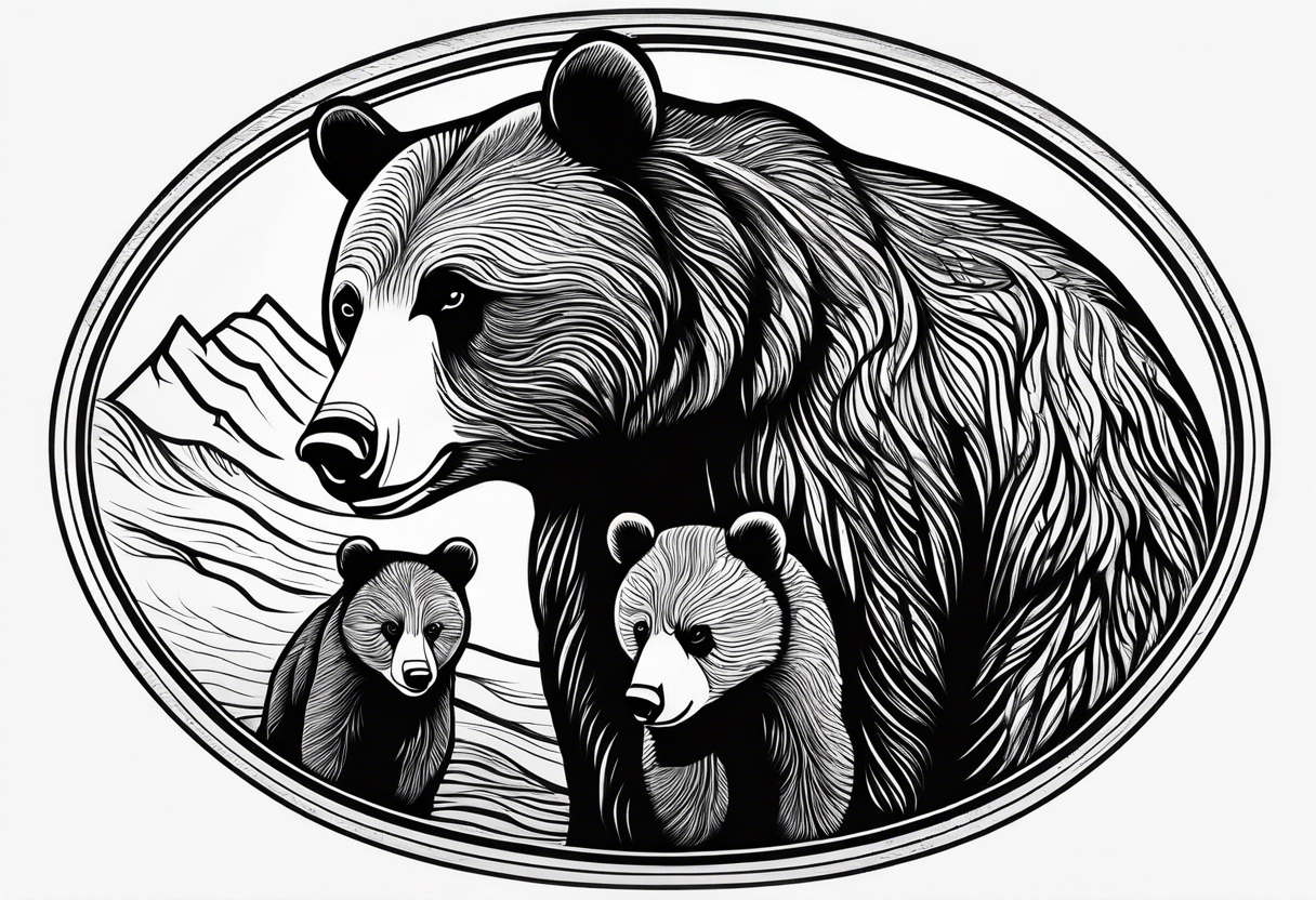 mother bear and cub enclosed in oval looking at each other tattoo idea