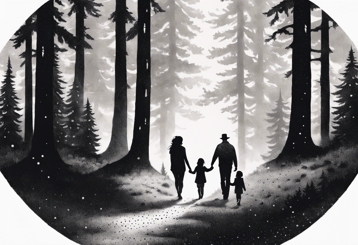 A shadow of a father and wife and young son and young daughter  walking through the Pacific Northwest Forrest.. Trust in God tattoo idea