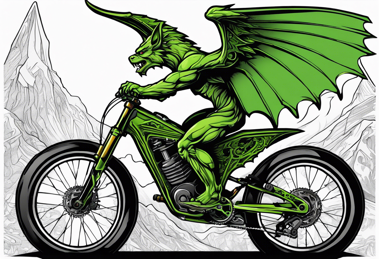 gargoyle riding a full suspension green mountain bike with a shadow no background with wings tattoo idea