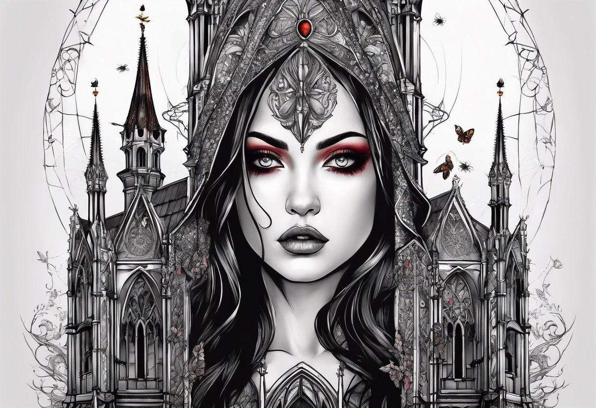 Gothic cathedral with beauty girl face with horror eyes and insects tattoo idea