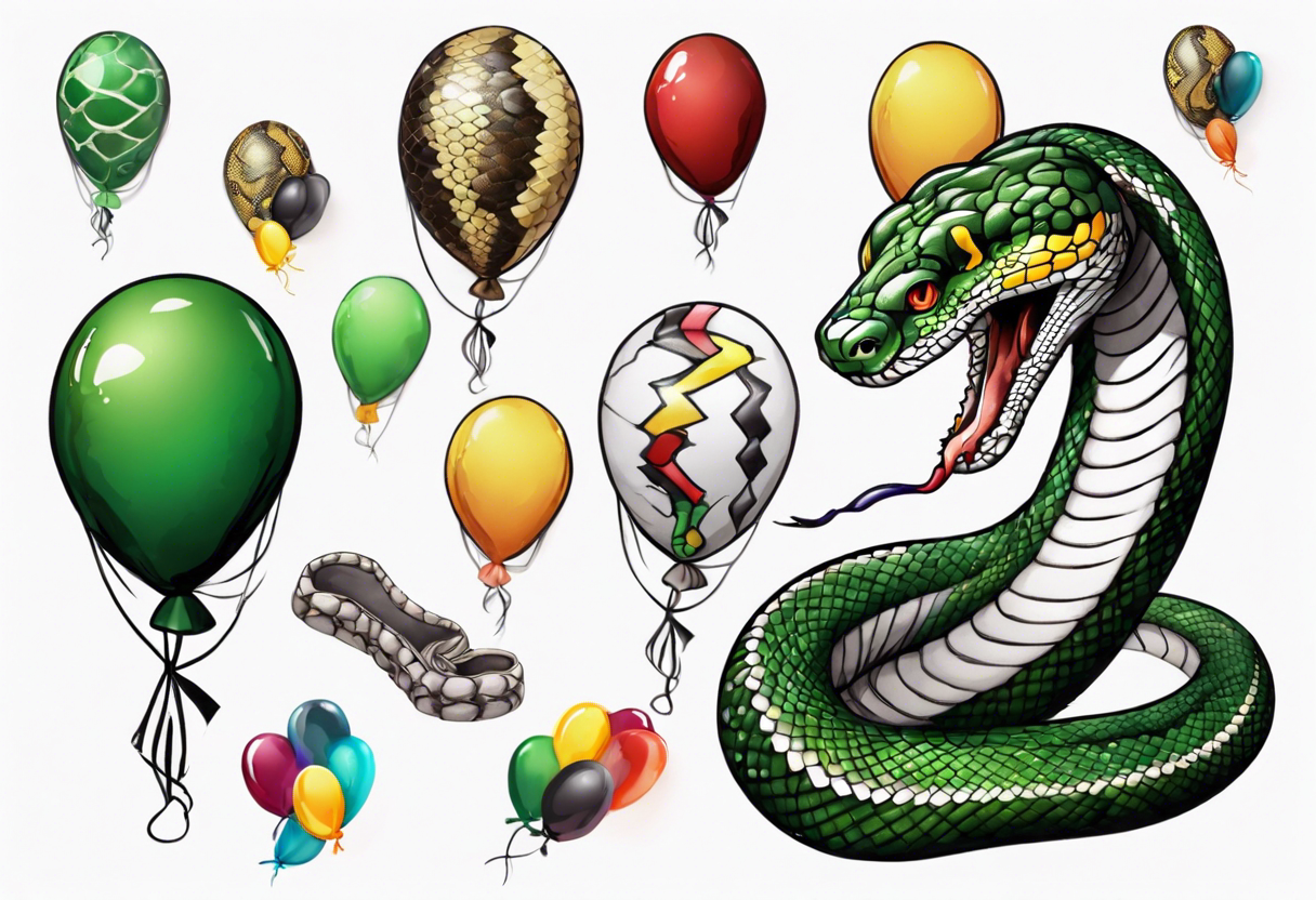 african python with colored ballons aside and a green stone on the other side tattoo idea