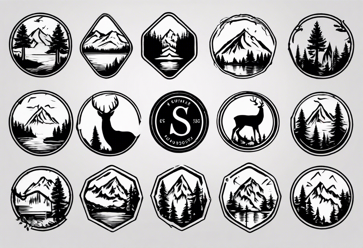 A logo for an outdoors company that includes an "S" and an "M". Includes a mountain, a lake, some trees, and a deer tattoo idea