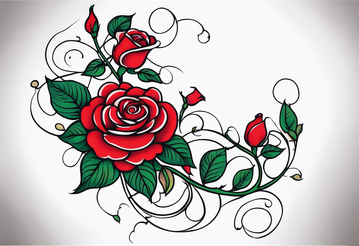 sleeve tattoo a long vine with many small roses. Most roses are in closed bud. some larger open bud. tattoo idea