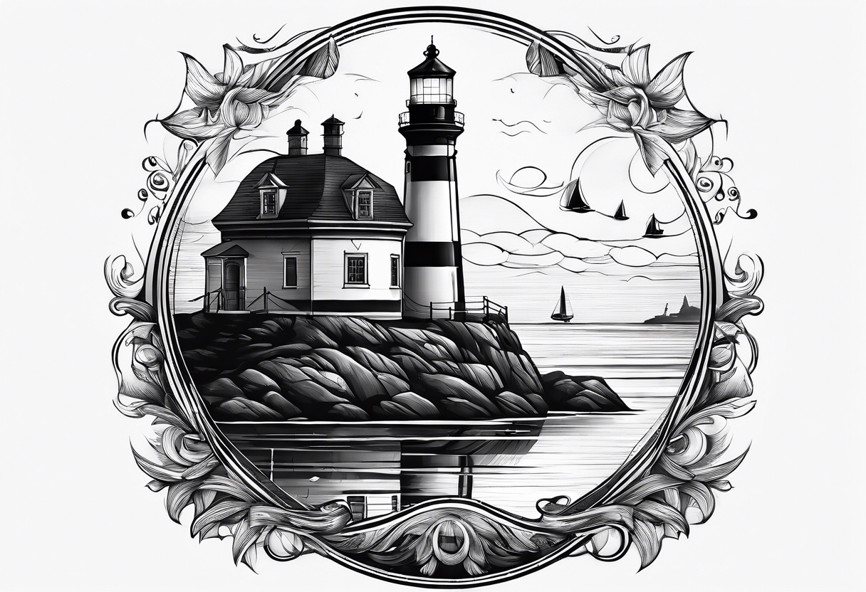 maritime lighthouse partially hidden by its large fixed sail. calm sea reflection. tattoo idea