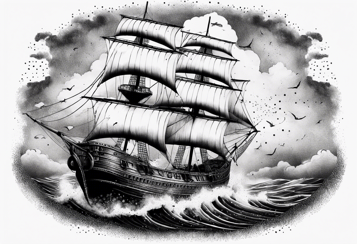 Air ship with tattered sails flying through a storm tattoo idea