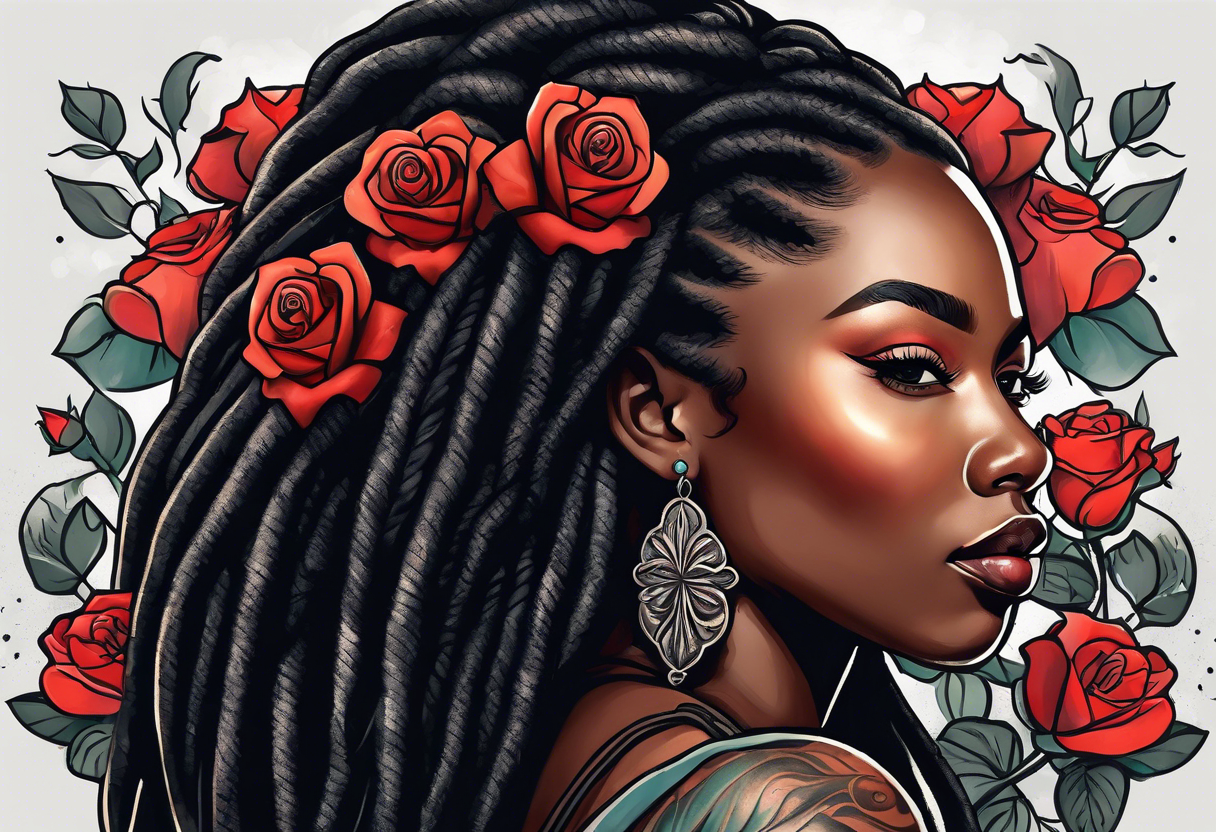 beautiful thick black women with long straight dreadlocks, holding a beautiful single rose,, pastel, old school traditional style, ethereal tattoo idea