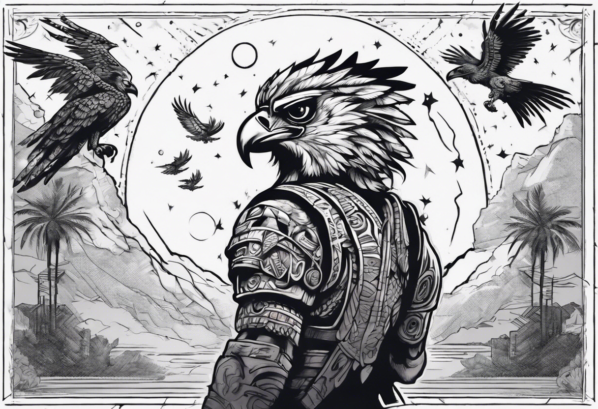 Aztec warrior gazing at the night sky in the moonlight as a harpy eagle flys by dark aesthetic tattoo idea