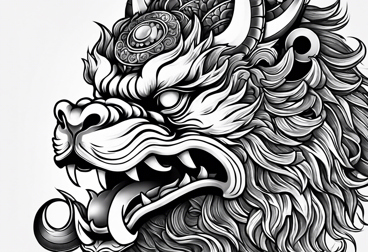 foo dog, powerful, with three eyes, coins around him tattoo idea