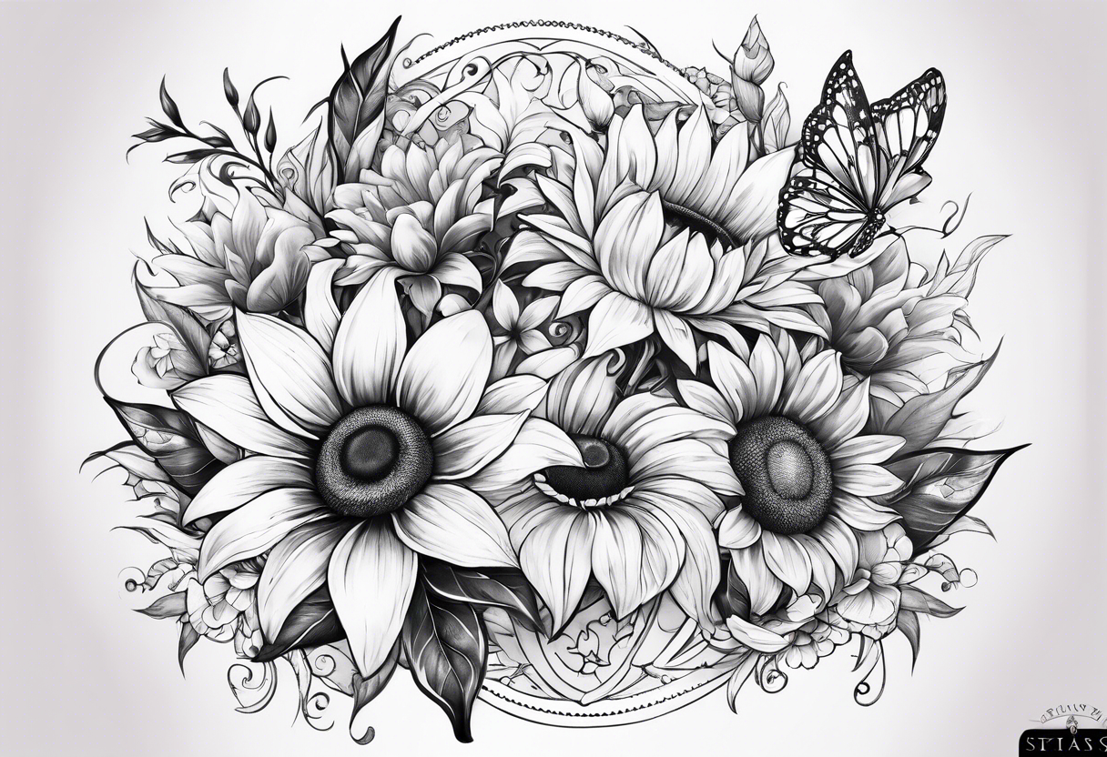 Forearm half sleeve with lilly sunflower flowers & small butterflies incorporating the children names with stars, books, fantasy & dragons themed tattoo idea