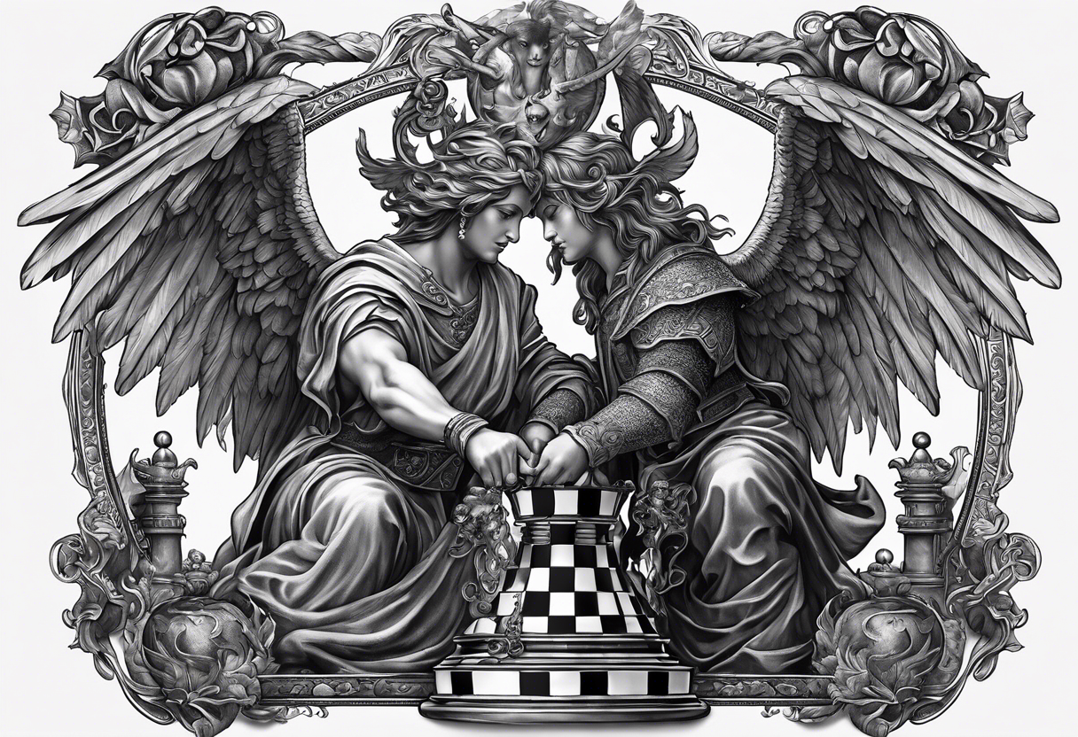 Depict an intricately balanced chessboard, where the angel and demon carefully consider their moves, symbolizing the delicate equilibrium between opposing forces. tattoo idea