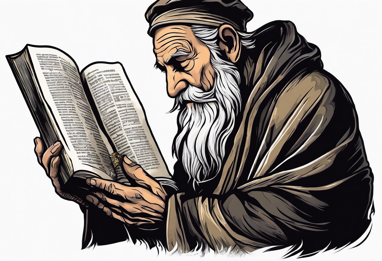 old man beggar reading a holy bible by candle light tattoo idea