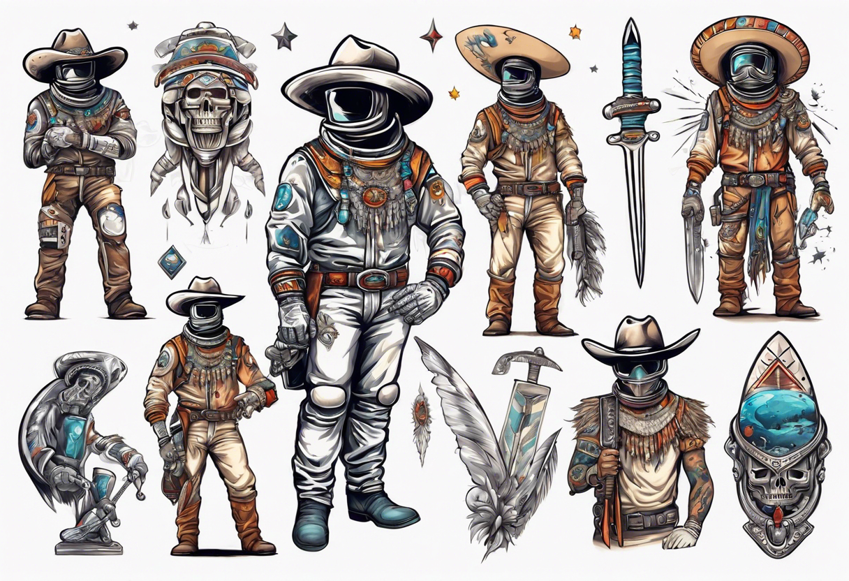 spaceman with a cowboy hat holding a aztec sword tattoo idea