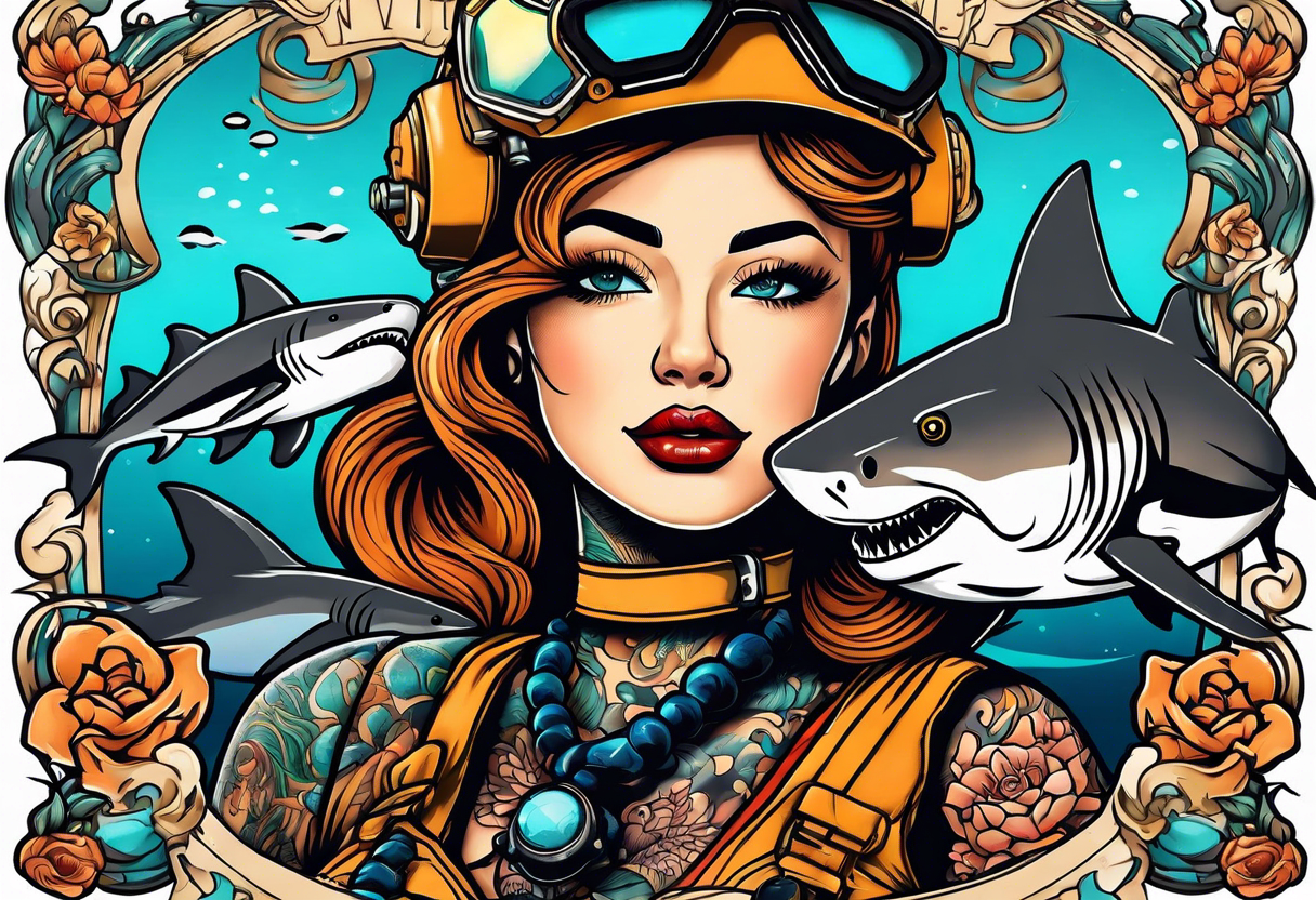 Deep sea diver with tiger shark and pin up girl tattoo idea