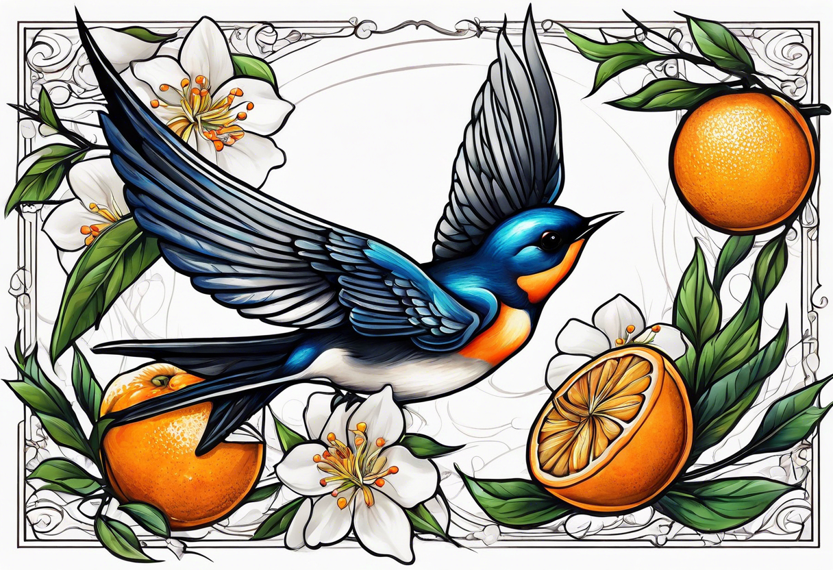 swallow flying away from an orange blossom branch tattoo idea