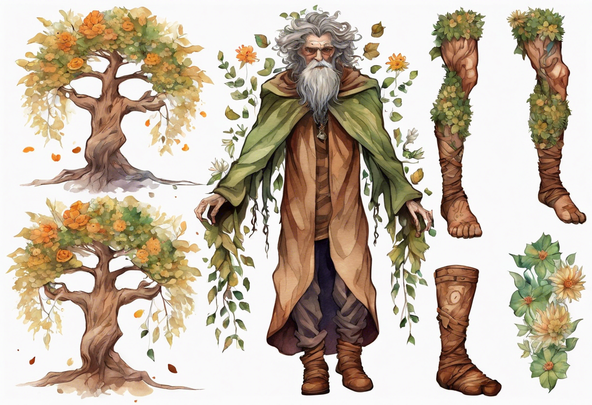 A tall, beautiful old tree-man hybrid with leafy hair and a cloak made of flowers. Wearing brown mukluks. tattoo idea