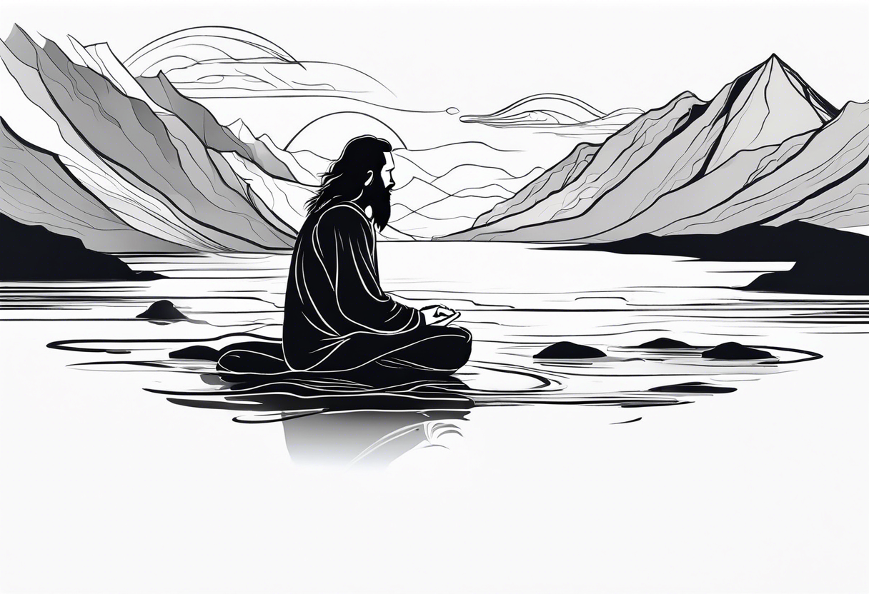 a meditating long haired man by the mountain river, the sky is covered with quantum energy tattoo idea