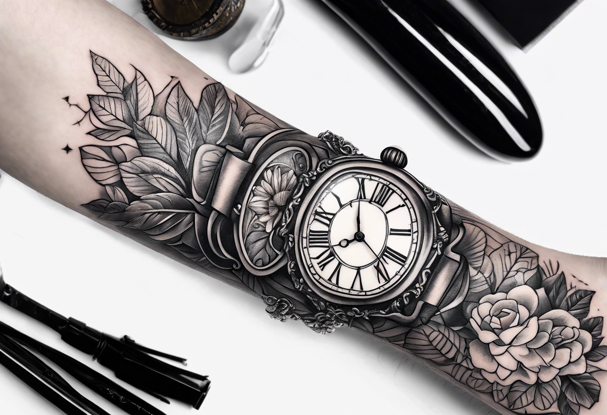 Antique watch surrounded by trees tattoo idea