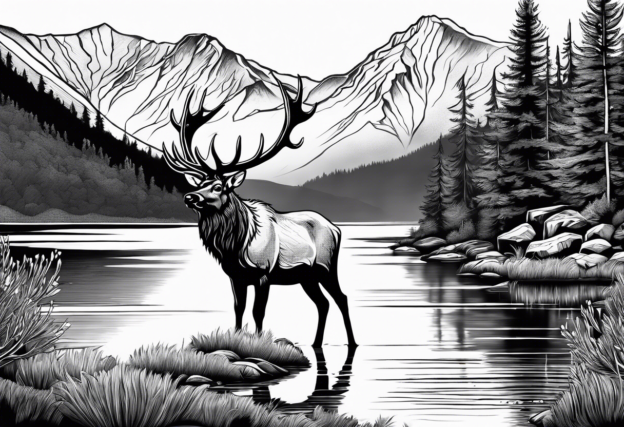 elk with mountains and lake tattoo idea