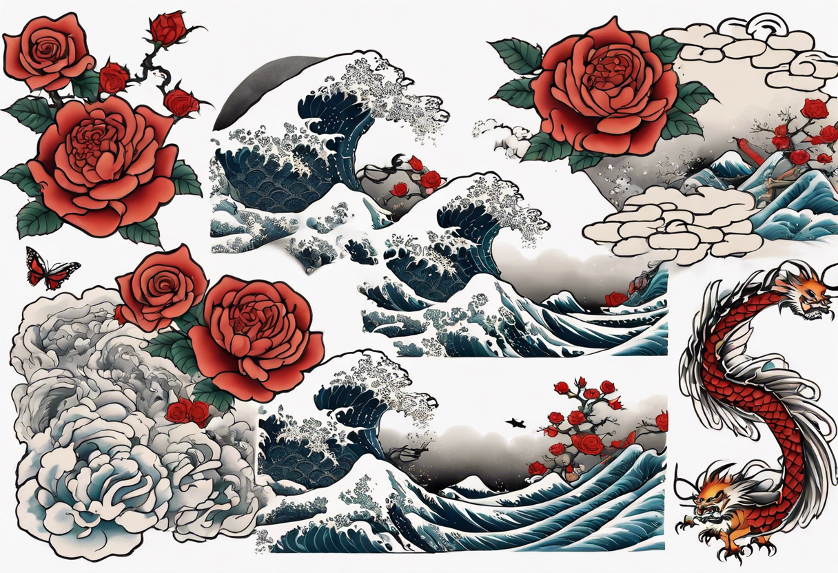 Filler Japanese or Chinese style background for traditional Chinese dragon, Hokusai great wave tattoo and a traditional rose and butterfly tattoo that I already have tattoo idea