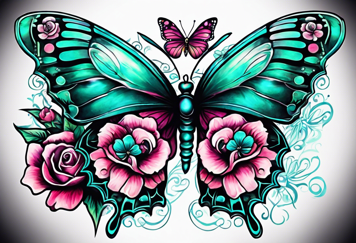 sugar skull butterflies pink and teal flowers tattoo idea