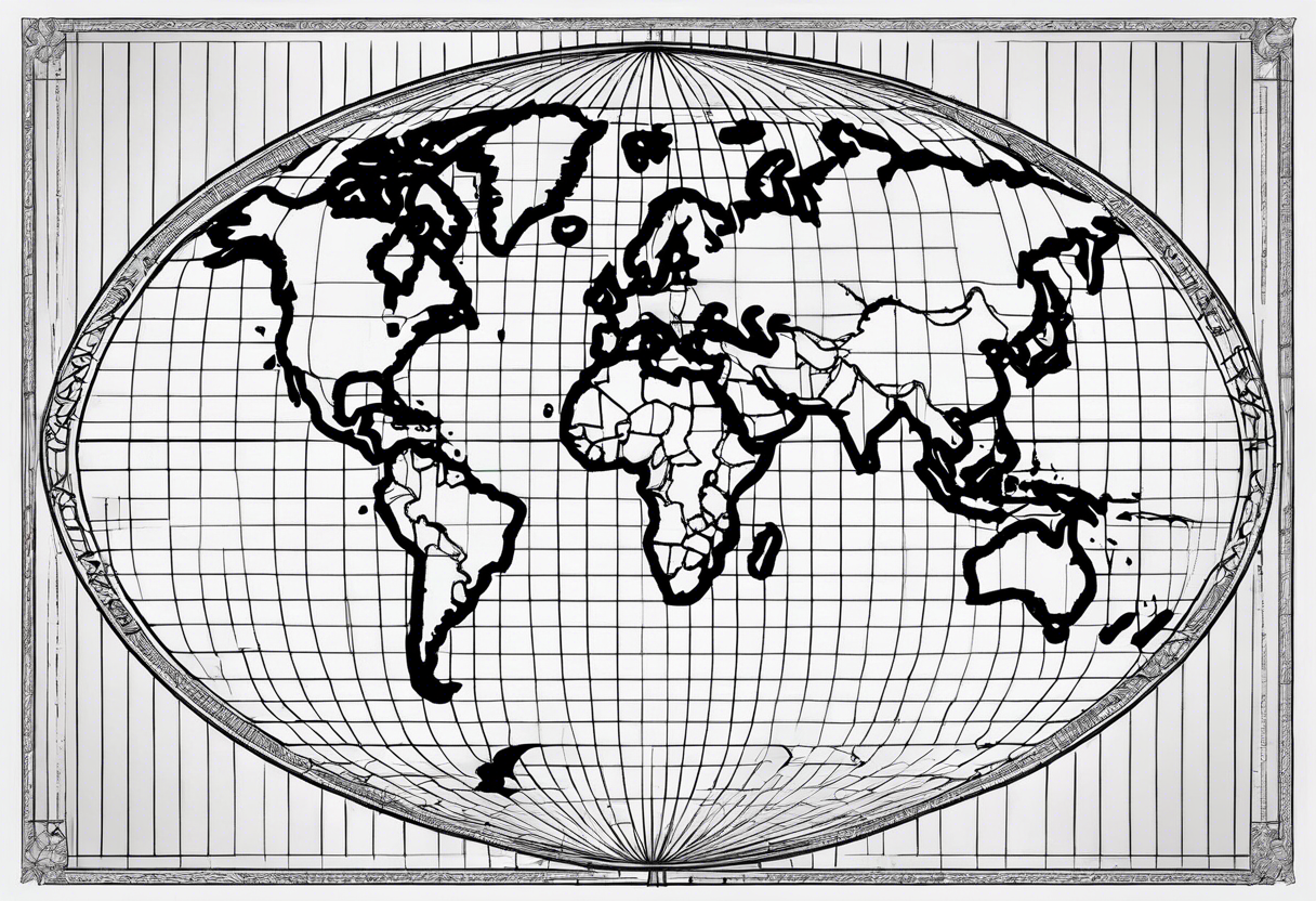 flat map of the earth with lines of a grid not shaded in with no bolding with the countries with accurate borders tattoo idea