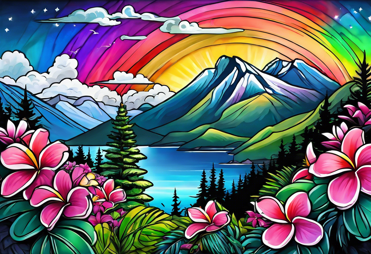 Mountain scene with rainbow sky backdrop. Must include evergreen trees, plumeria flower, Hawaiian sea turtle, and something to represent my Finnish roots tattoo idea