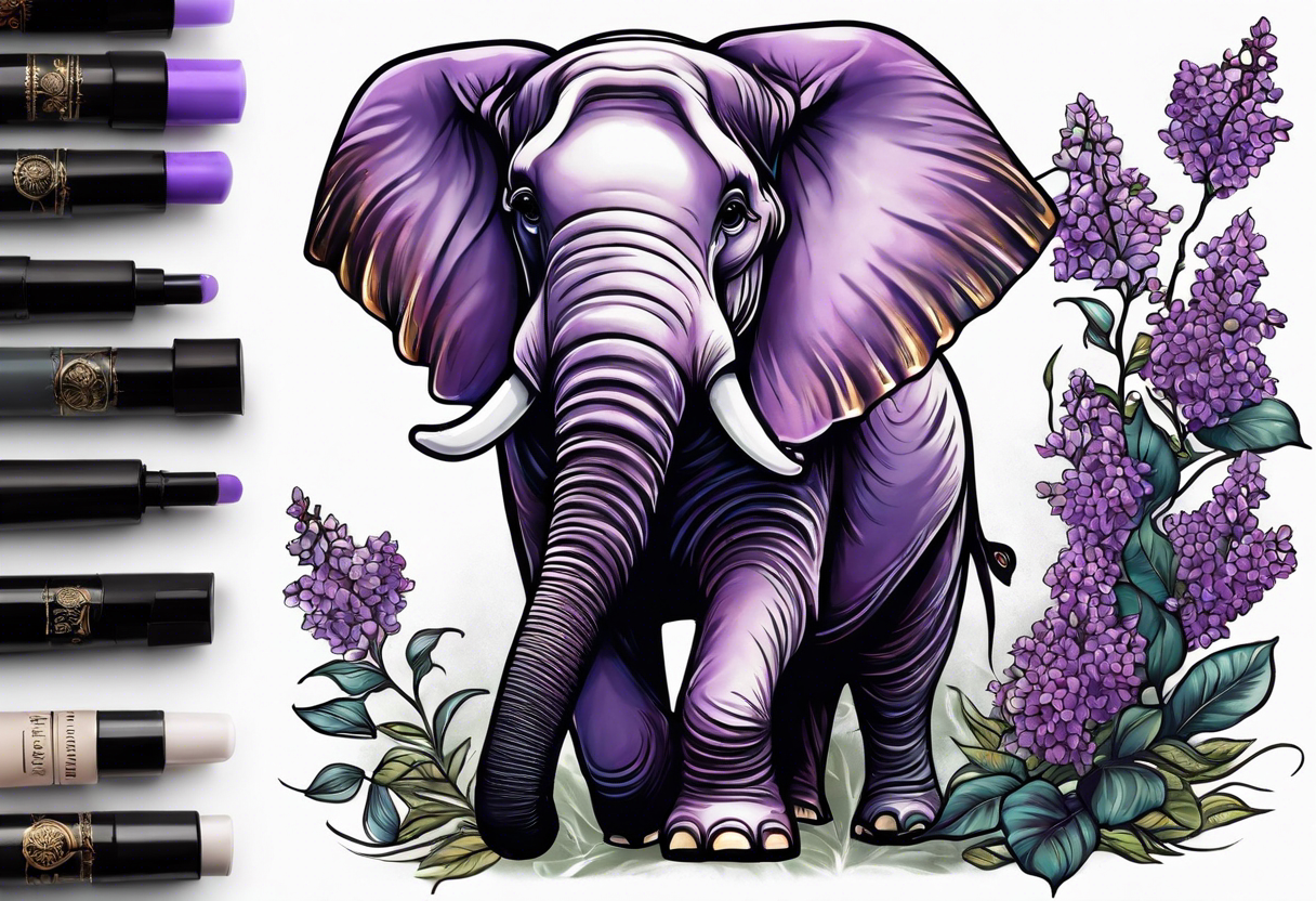 Elephant sitting with trunk morphing into lilacs tattoo idea