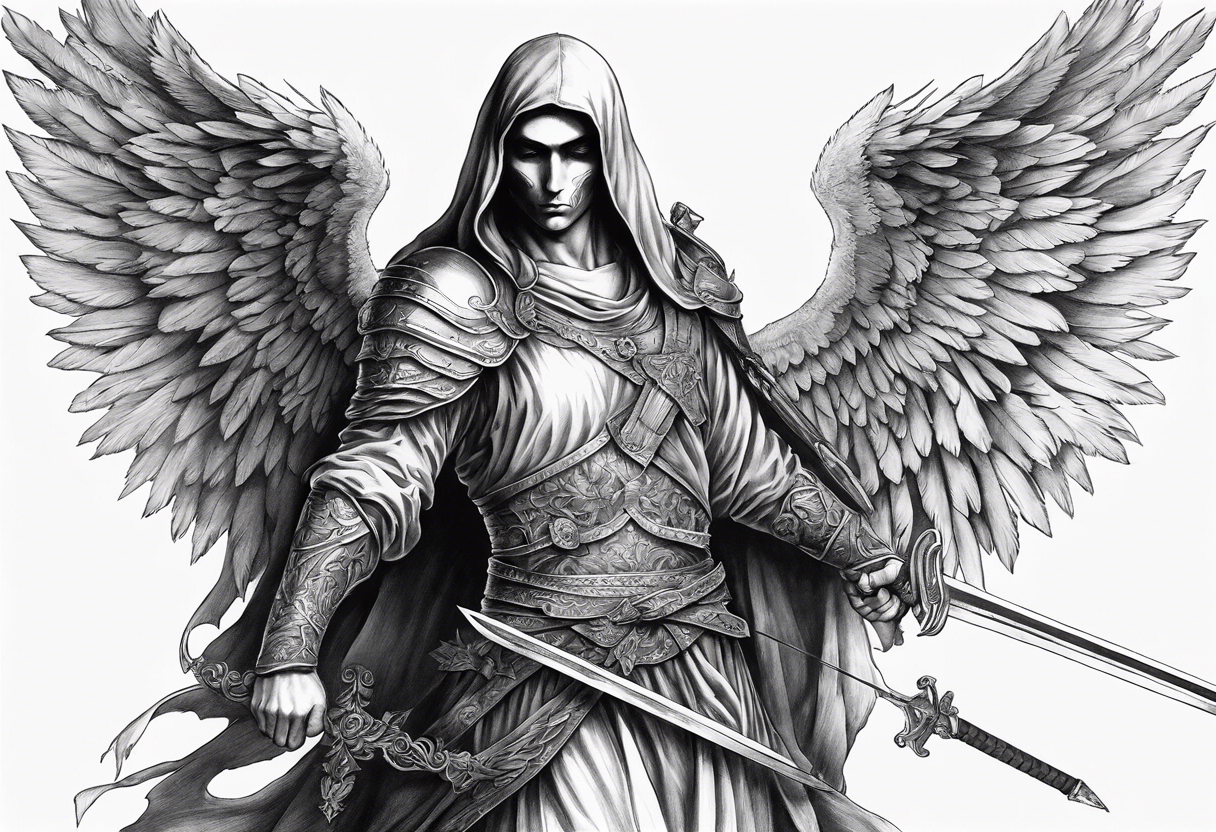 realistic full body of angel of death, fwithout face, holding one sword by both hands, sword is vertically pointing downwards tattoo idea