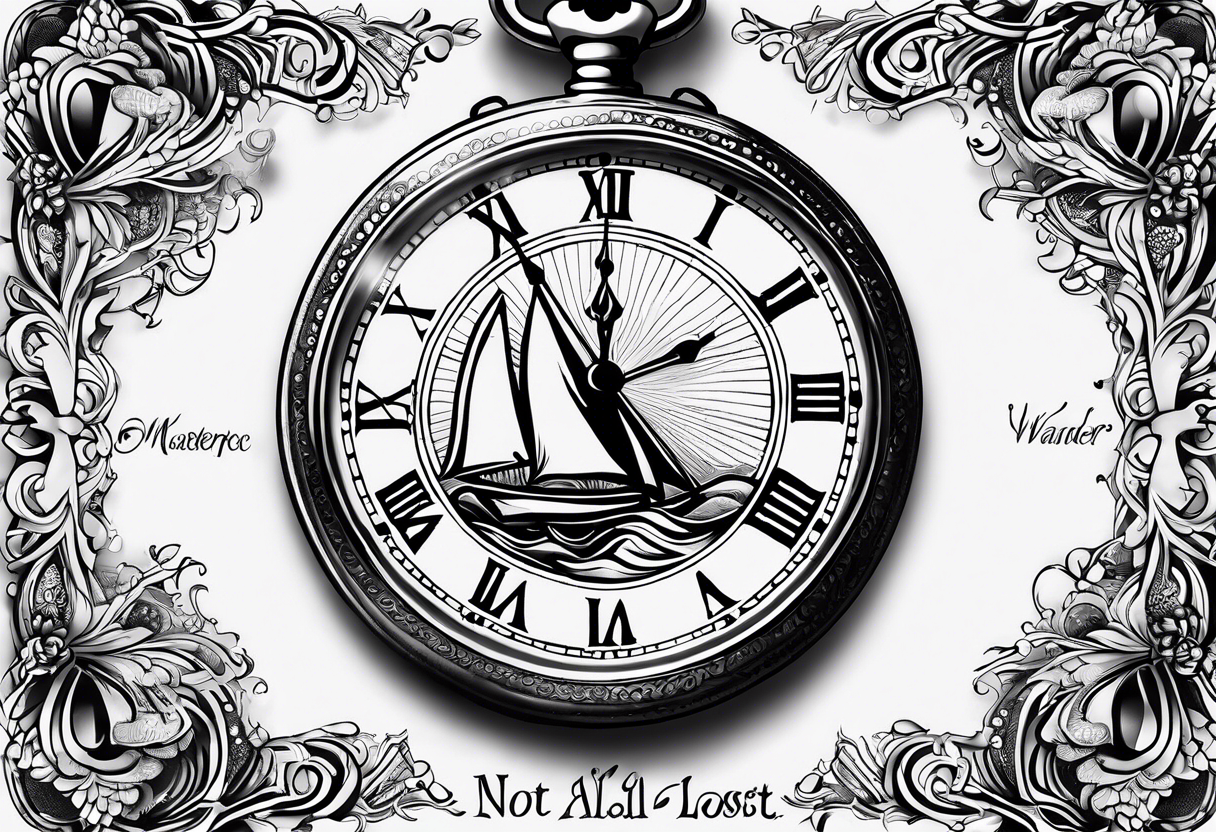 Pocket watch and words saying Not All Those Who Wander Are Lost, describing past life events tattoo idea