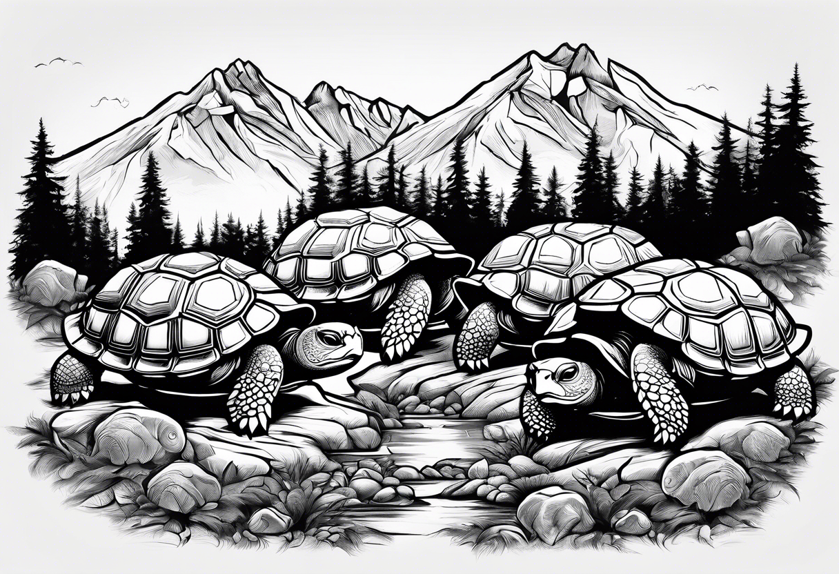 Mountains, Honda three wheeler, four turtles watching from the path tattoo idea