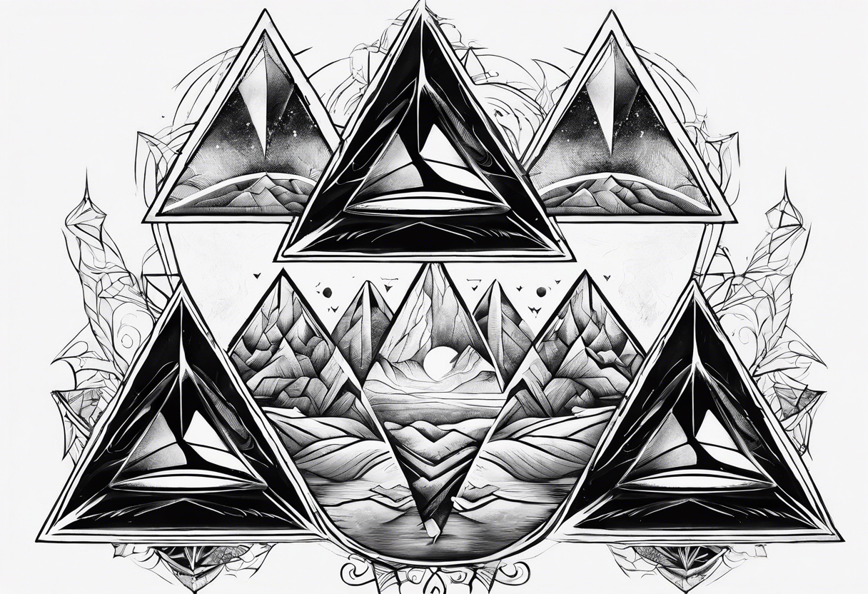 four small triangle portals to fantasy world connected by line, forearm tattoo tattoo idea