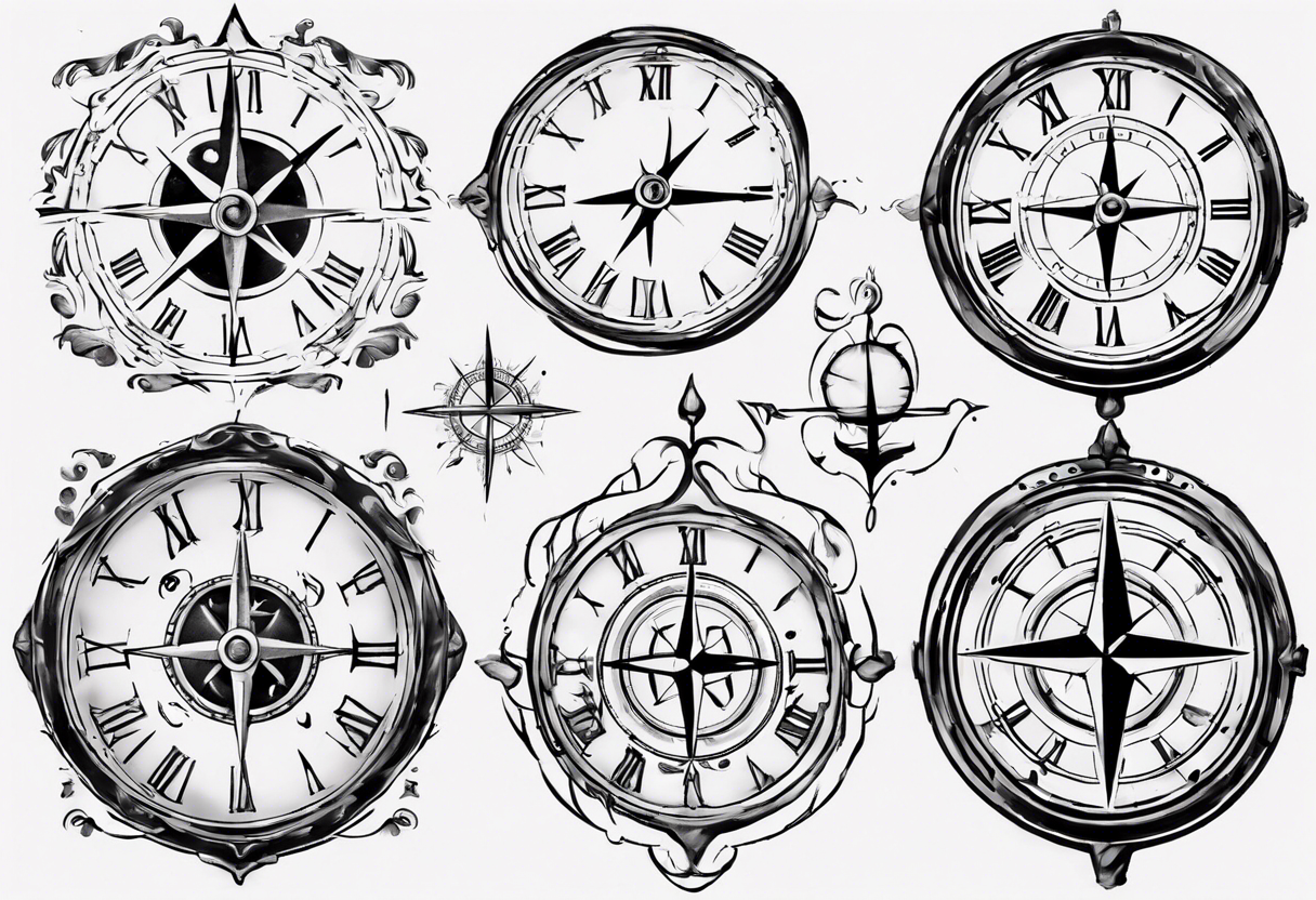 I would like a clock at the top with a Compass, from which 2 Paths schould lead away that Cross you after a time and then Go apart again to finally find themselves again. tattoo idea