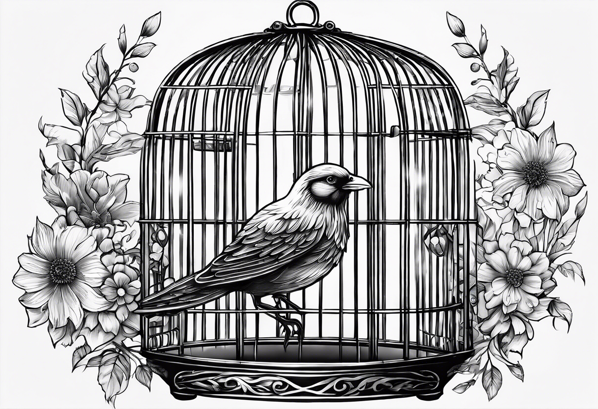 big bird in a small cage as in the song ''big bird in a small cage'' from patrick watson. Add decoration outside the cage like flowers or foliage tattoo idea