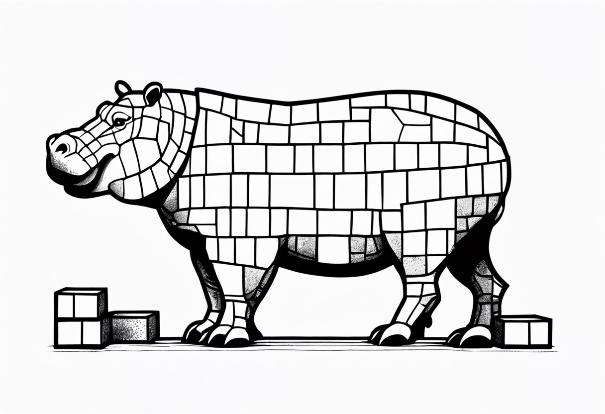 Hippopotamus standing upright and laying bricks onto a partially built brick wall tattoo idea