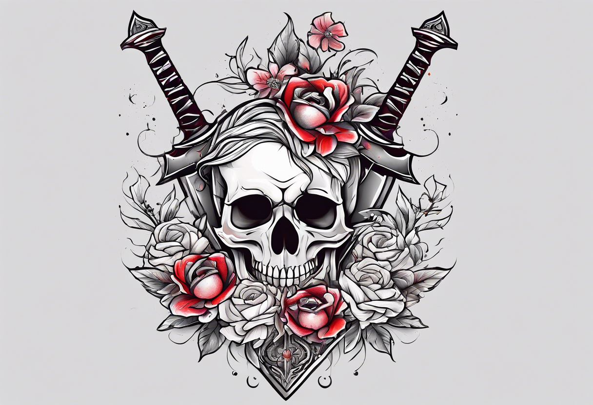 Bloody sword and flowers tattoo idea