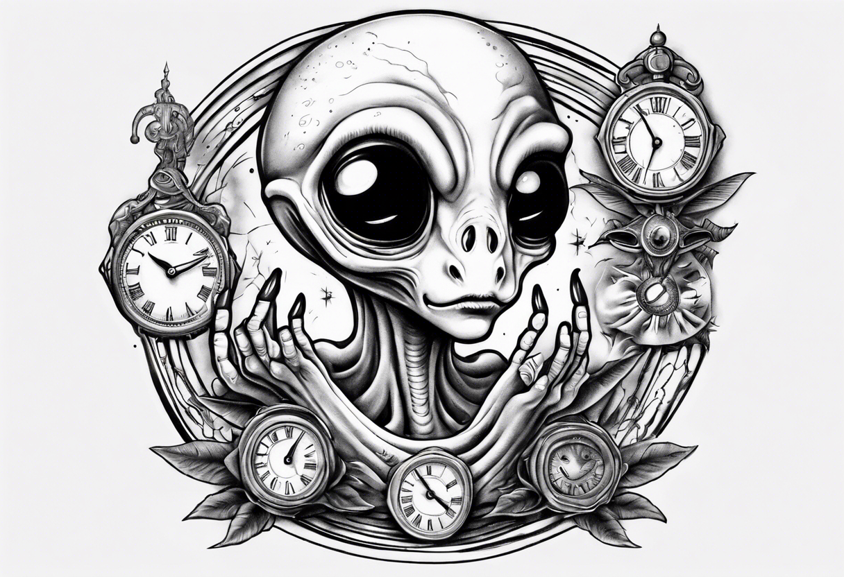 UFO tattoo art and t-shirt design. Invasion of aliens. Mystical symbol  paranormal phenomena, first contact