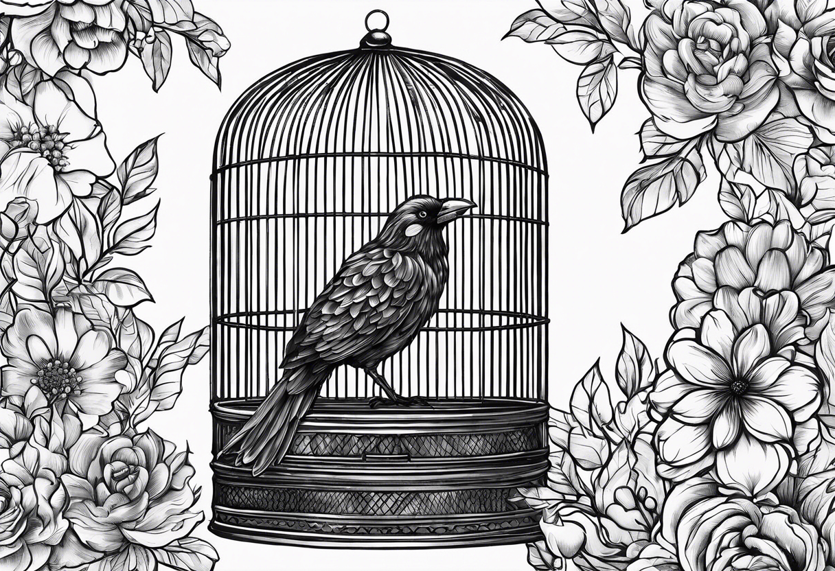 big bird in a small cage as in the song ''big bird in a small cage'' from patrick watson. Add decoration outside the cage like flowers or foliage tattoo idea