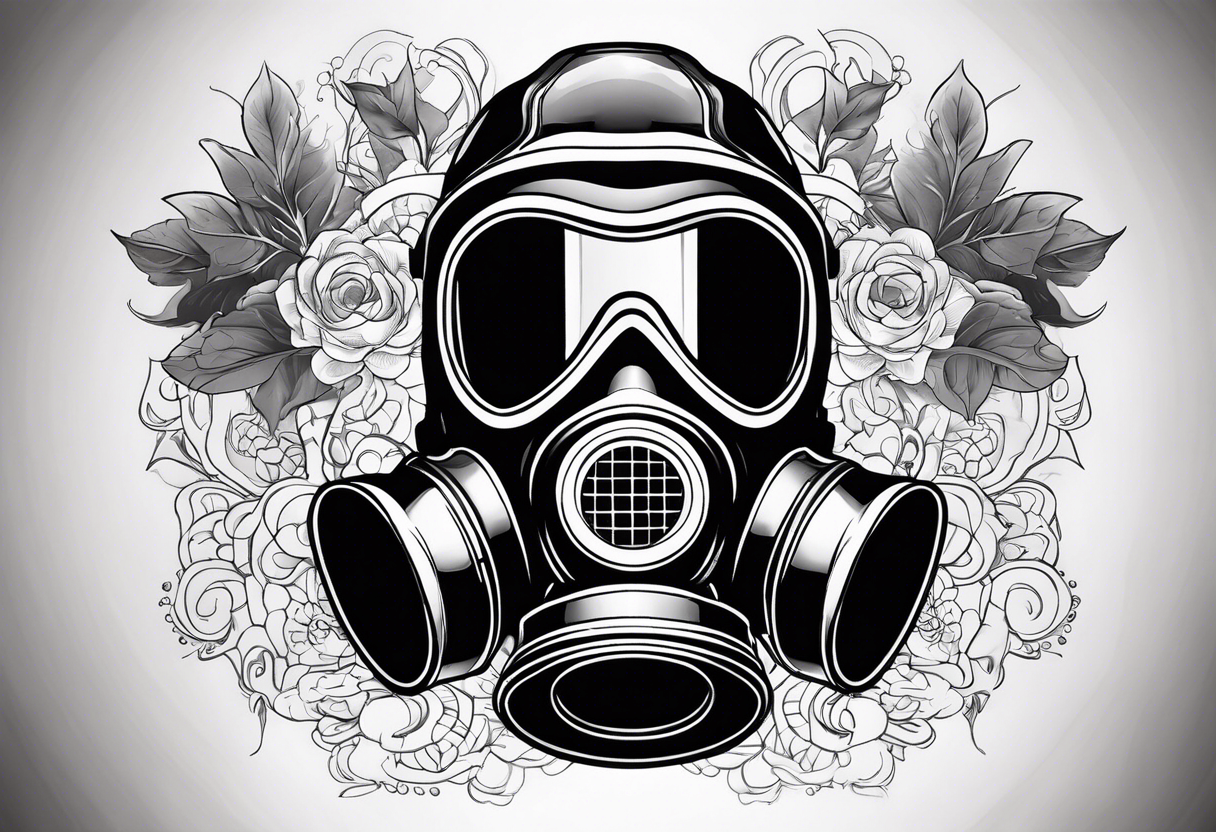 Gas mask with smoke coming out of it and scenes in the lenses tattoo idea