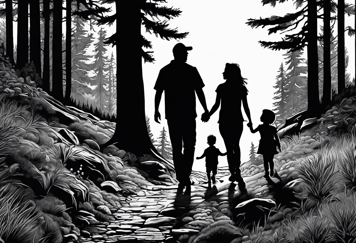 A shadow of a father and wife and young son and young daughter  walking through the Pacific Northwest Forrest.. Trust in God tattoo idea