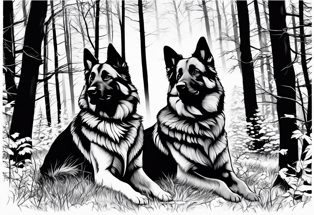 two norwegian elkhounds guarding a dark forest tattoo idea