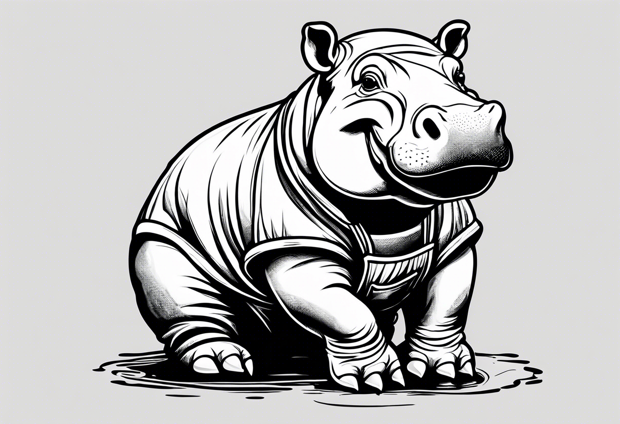 Baby hippo wearing overalls holding up his middle finger tattoo idea