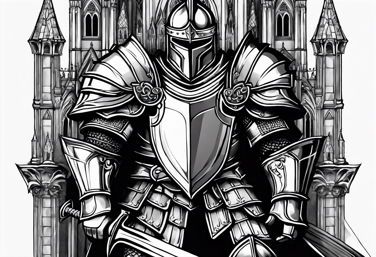 knight heavy armor in front of cathedral tattoo idea