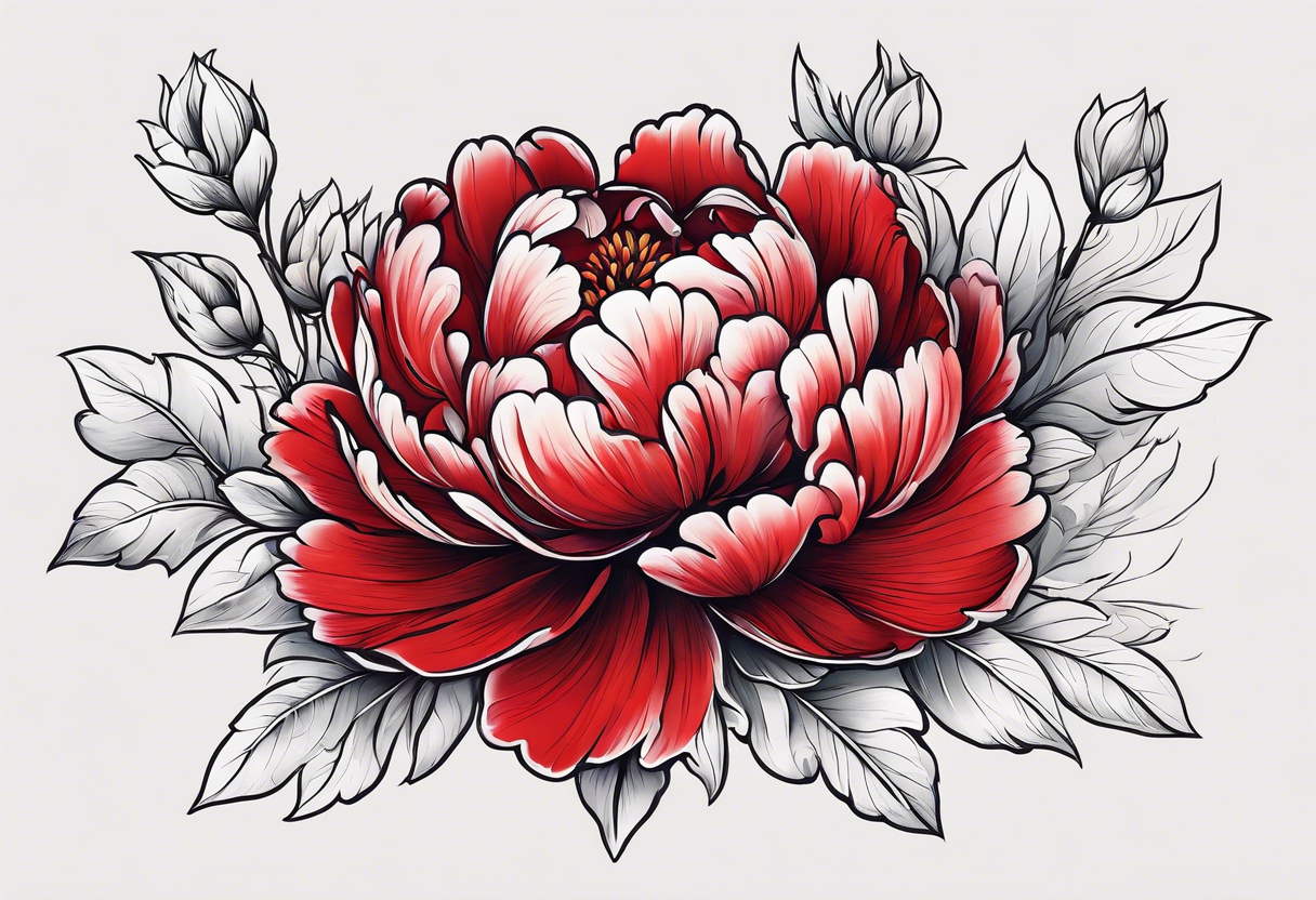 Red peony with floating petals with a tiny rabbit tattoo idea