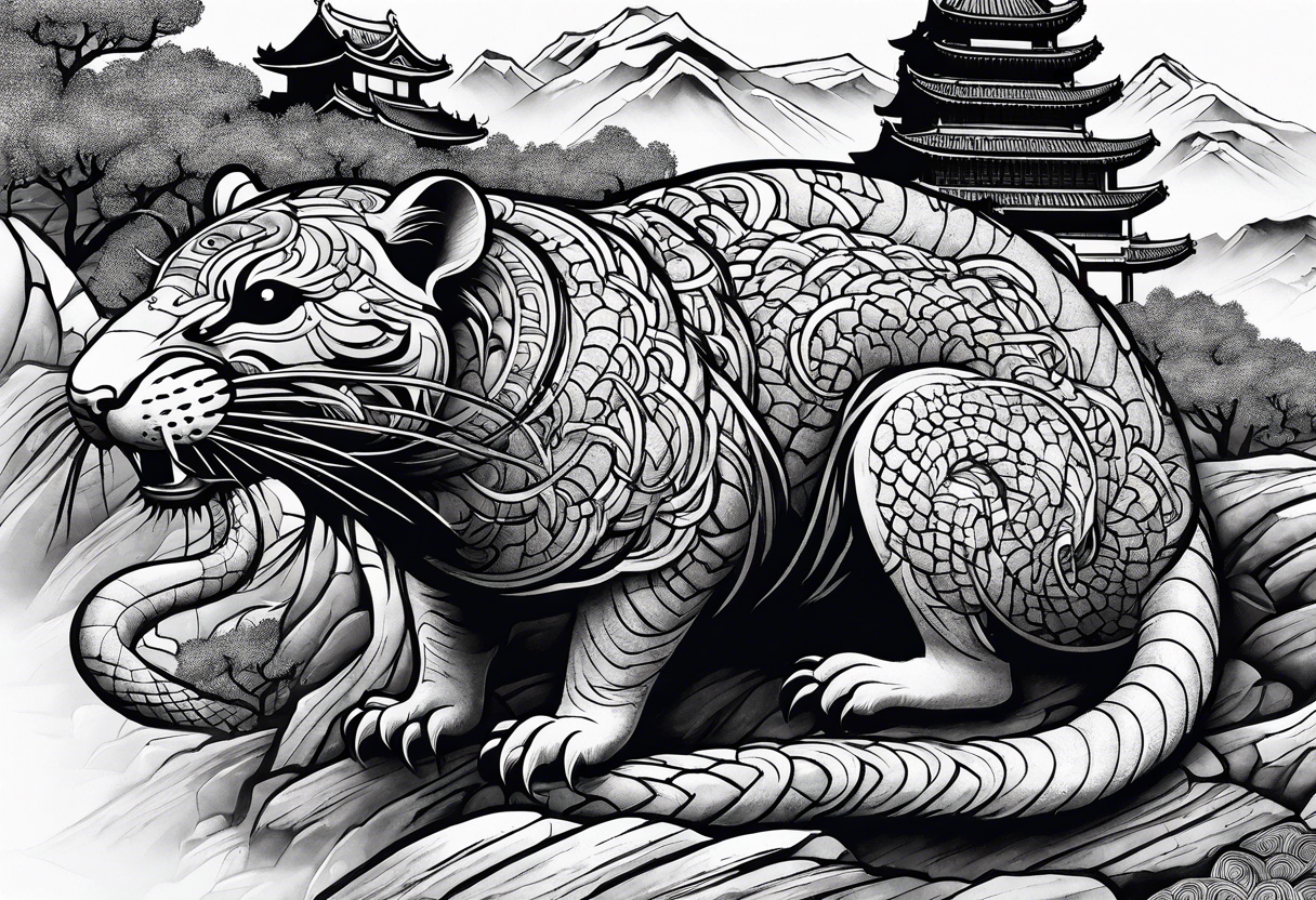 Rat behind Tiger and Snake on the great Wall of China with Temple tattoo idea