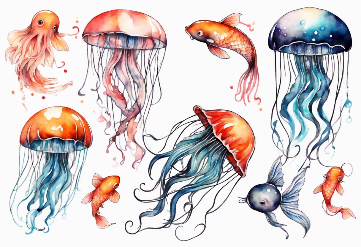 1 jellyfish with the moon in the lid. Then with mini koi carp and jellyfish swimming amongst the tentacles tattoo idea