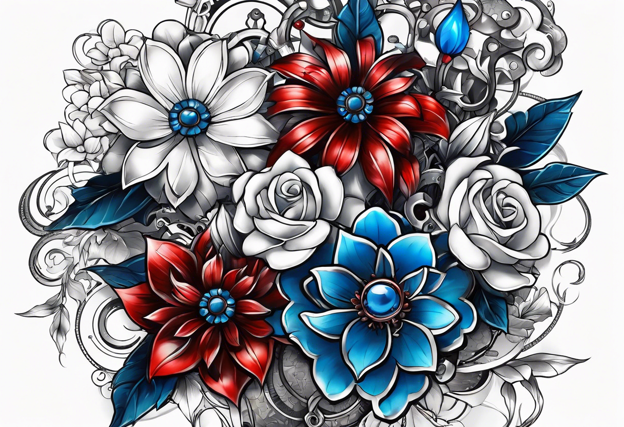 Mechanical flowers with blue and red accents tattoo idea