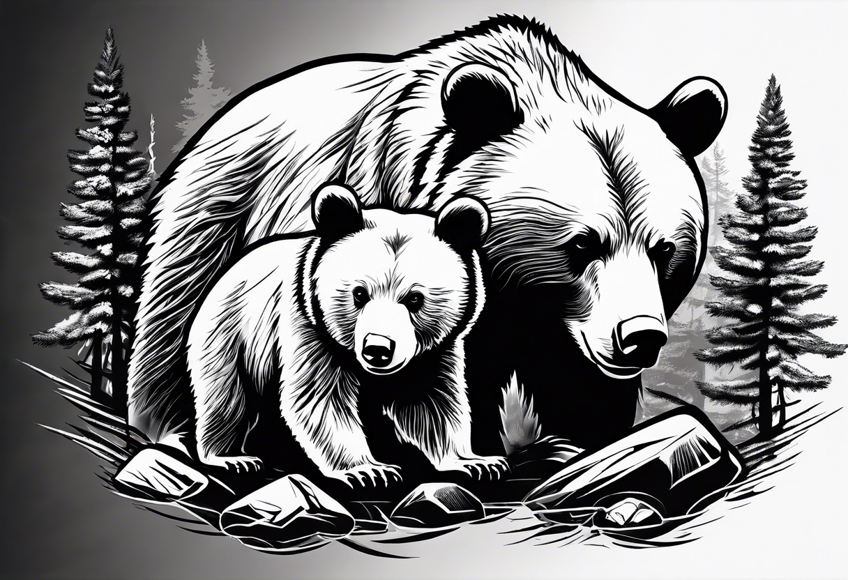 Draw a tattoo. The tattoo shows a mother bear holding two bear cubs. A small bear cub and a larger bear cub. The bears are surrounded by fir trees and rocks. tattoo idea