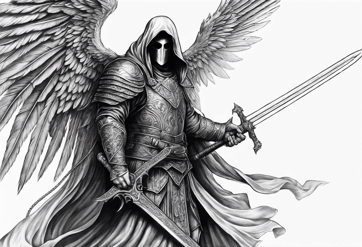 realistic angel of death, man, full body, no face visible, holding one sword, sword vertically pointing downwards tattoo idea