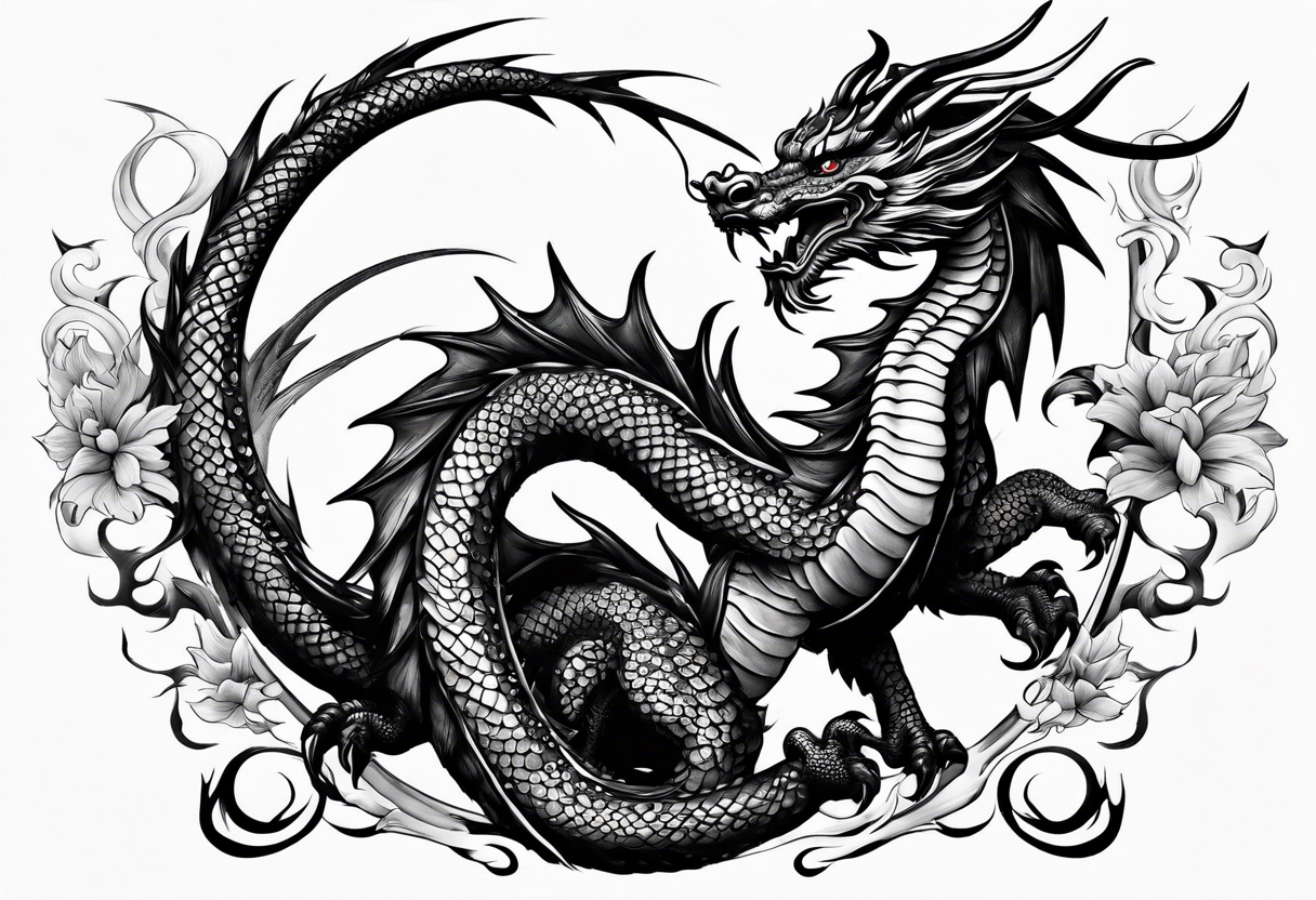 Brushstroke oriental dragon with wrapped around a sword tattoo idea