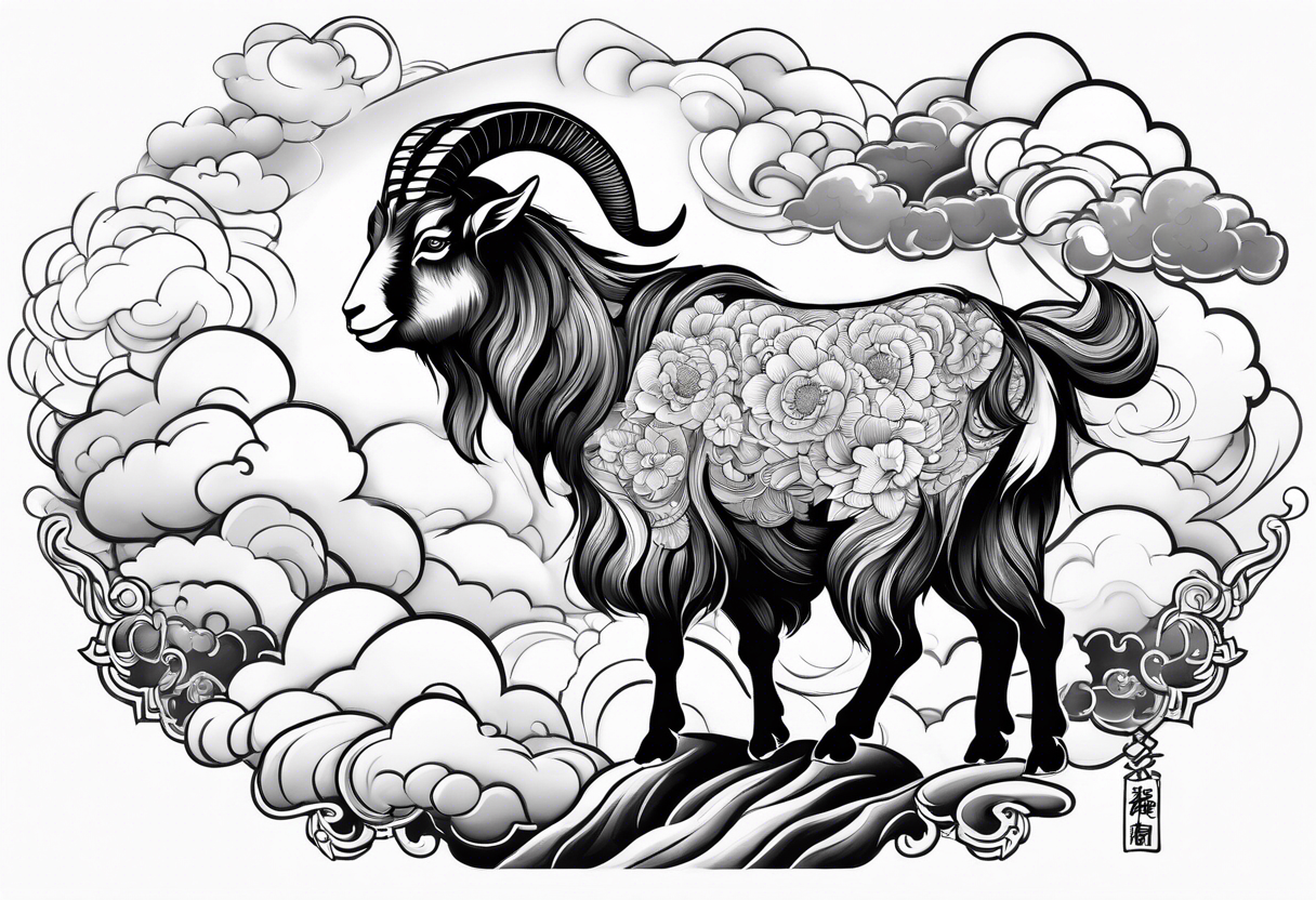 full body goat with kumo clouds in traditional Japanese art style tattoo idea